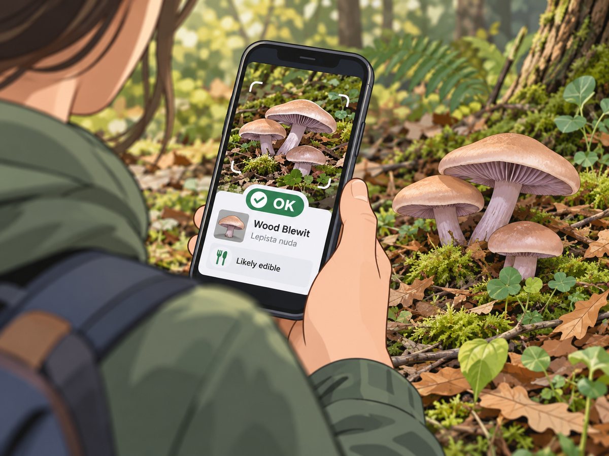 自生するキノコをスマートフォンのAIで判定するイメージ