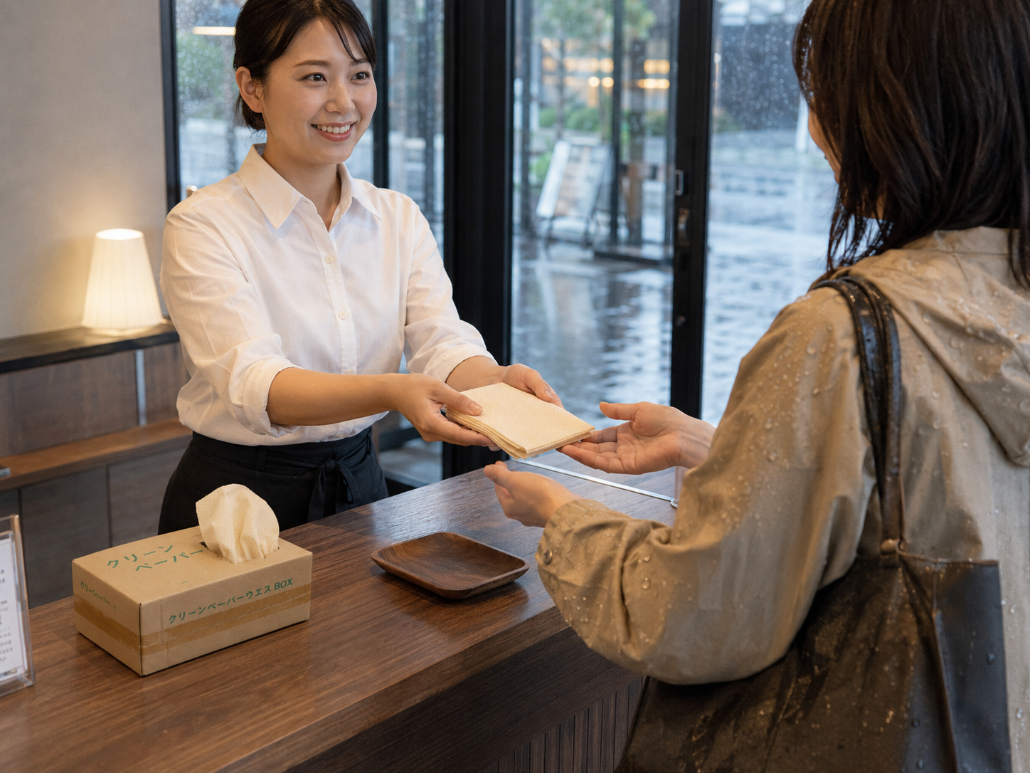 飲食店の雨の日サービスでクリーンペーパーウエスを渡している様子