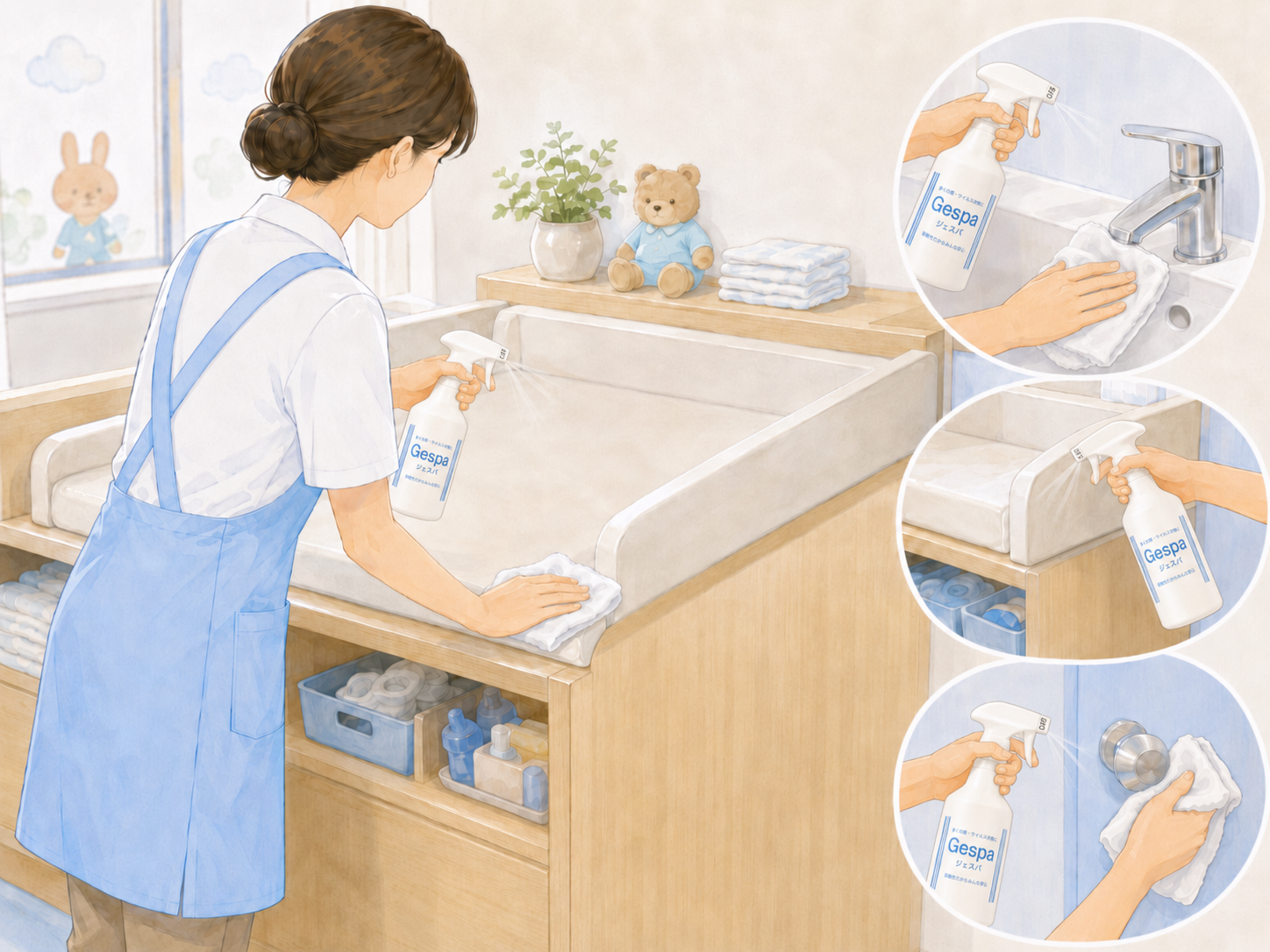 おむつ交換まわりや手洗い場など手が触れる場所の除菌ポイント おむつ交換まわりや手洗い場など手が触れる場所の除菌ポイント