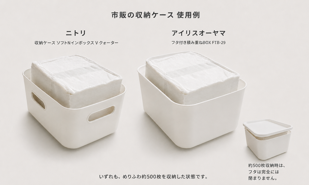 めりふわ約500枚を市販の収納ケースに入れた使用例
