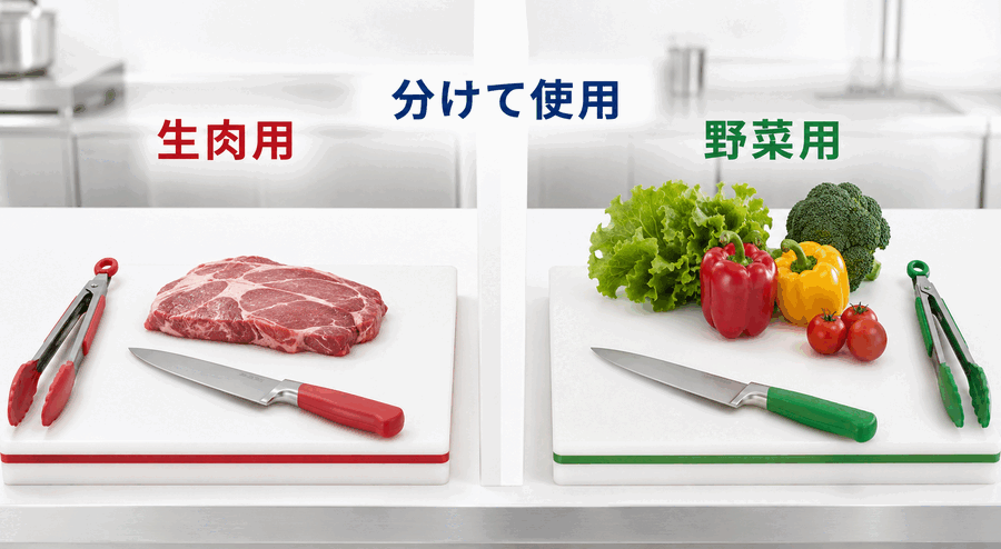 生肉用と野菜用のまな板、包丁、トングを色分けして使用する例