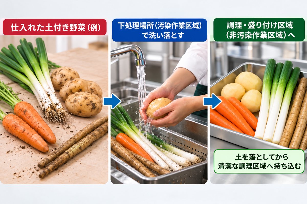 土付き野菜を下処理場所で洗浄してから清潔な調理区域へ移す流れ