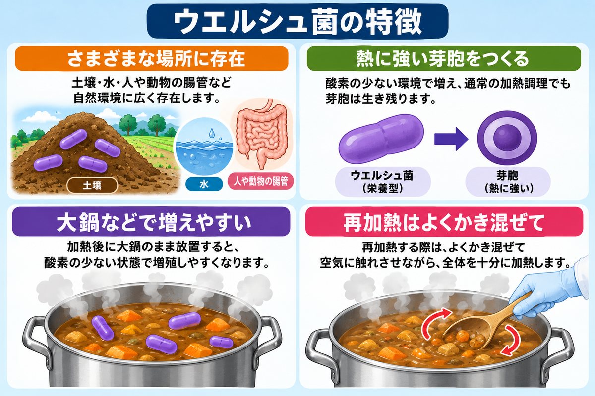 ウエルシュ菌の特徴を4項目で示した図解